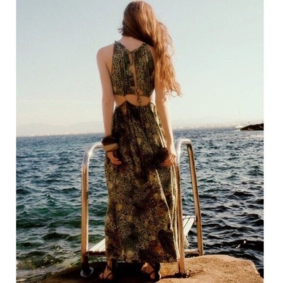 Zara Green Paisley Cutout Dress Size Large - Picture 4 of 13